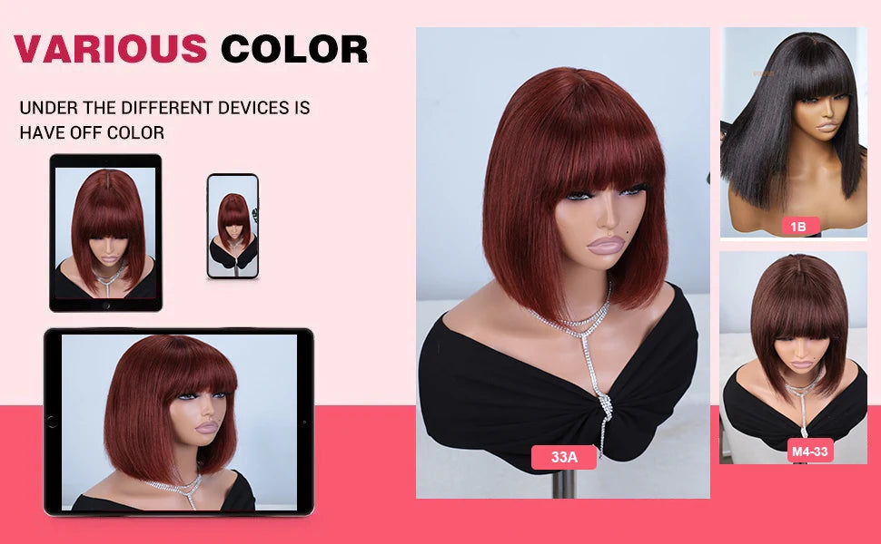 Straight Human Hair With Bangs Fringe Middle Part Bob Lace Wigs
