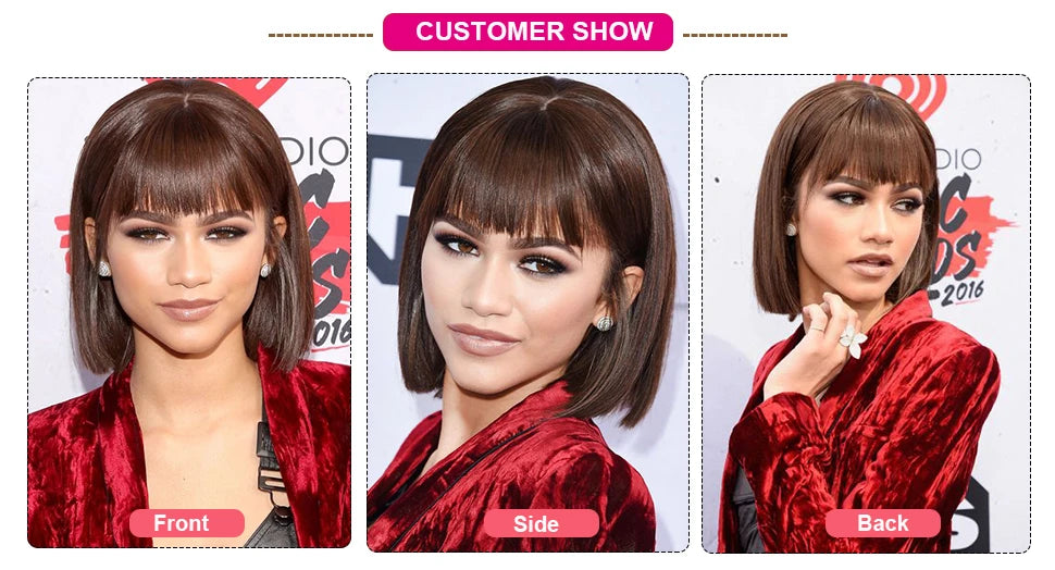 Straight Human Hair With Bangs Fringe Middle Part Bob Lace Wigs