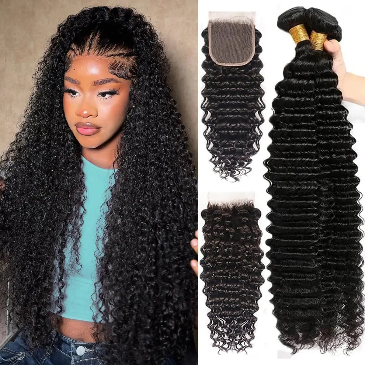 Brazilian Virgin Human Hair With Deep Wave Bundles & Closure