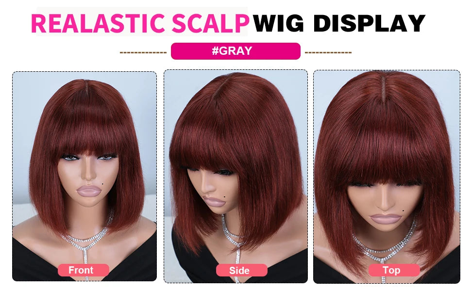 Straight Human Hair With Bangs Fringe Middle Part Bob Lace Wigs