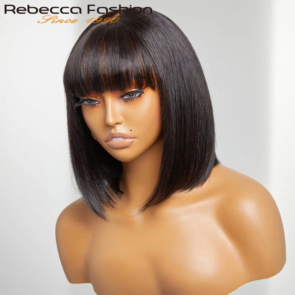 Straight Human Hair With Bangs Fringe Middle Part Bob Lace Wigs