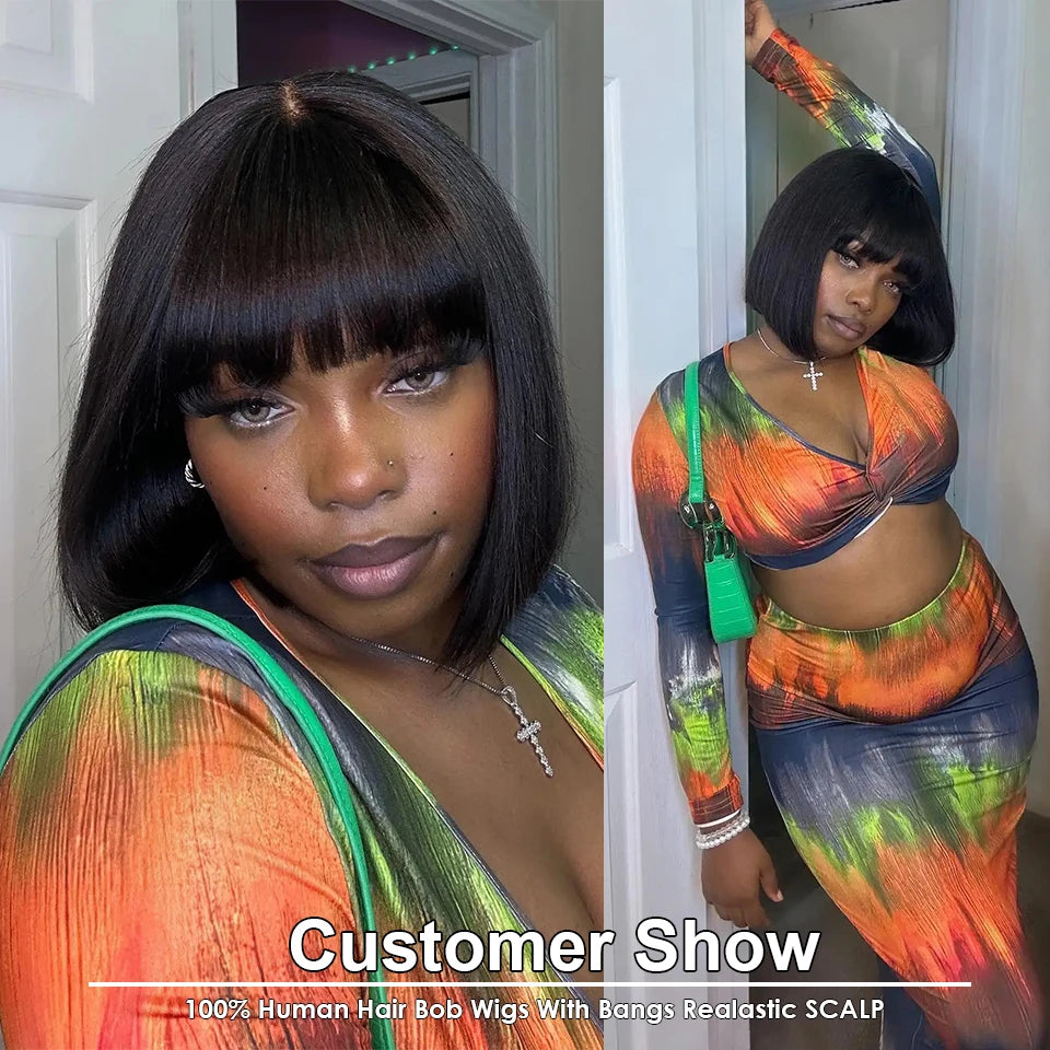 Straight Human Hair With Bangs Fringe Middle Part Bob Lace Wigs