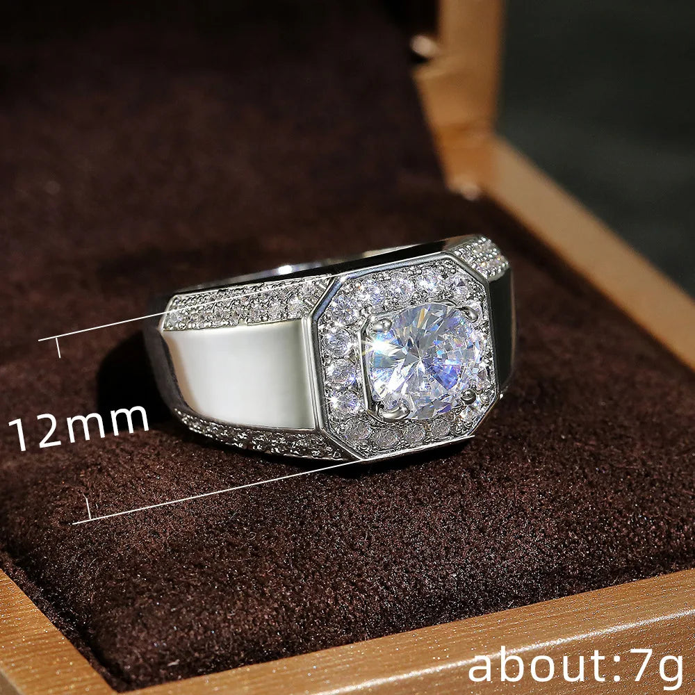 925 Sterling Silver Men AAA Crystal Zircon Stone Wedding Ring