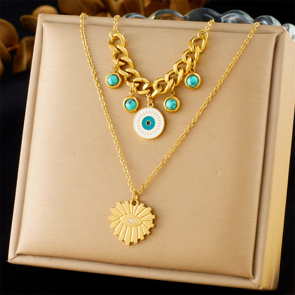 Stainless Steel Gold Multiple Pendant Necklace for  Women