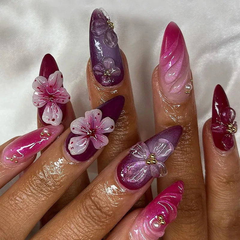 24Pcs Pink French Press on Fake Nails with Glue