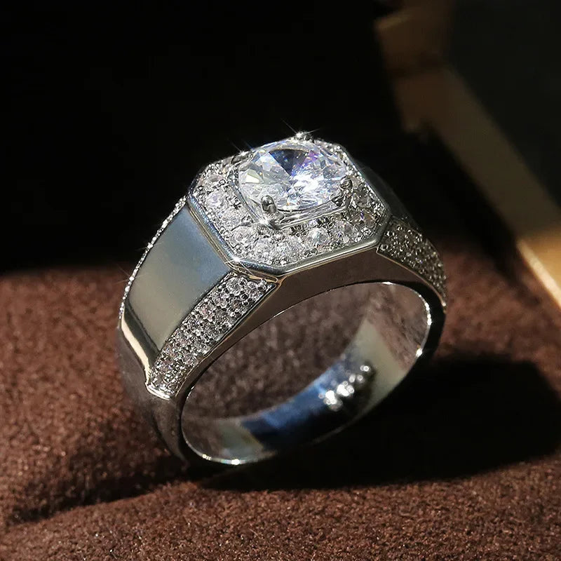 925 Sterling Silver Men AAA Crystal Zircon Stone Wedding Ring