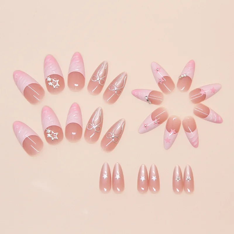 24Pcs Pink French Press on Fake Nails with Glue