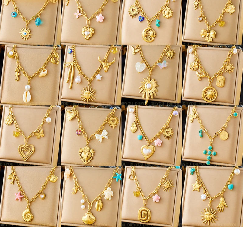 Stainless Steel Gold Multiple Pendant Necklace for  Women