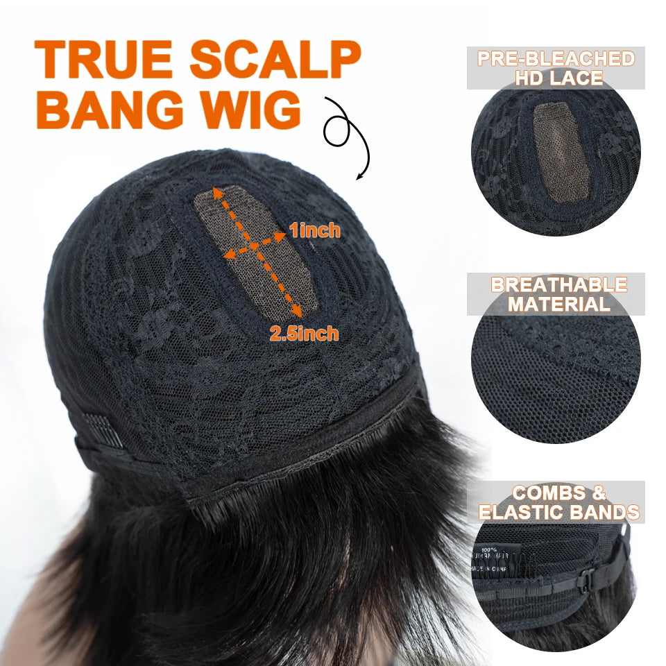 Straight Human Hair With Bangs Fringe Middle Part Bob Lace Wigs