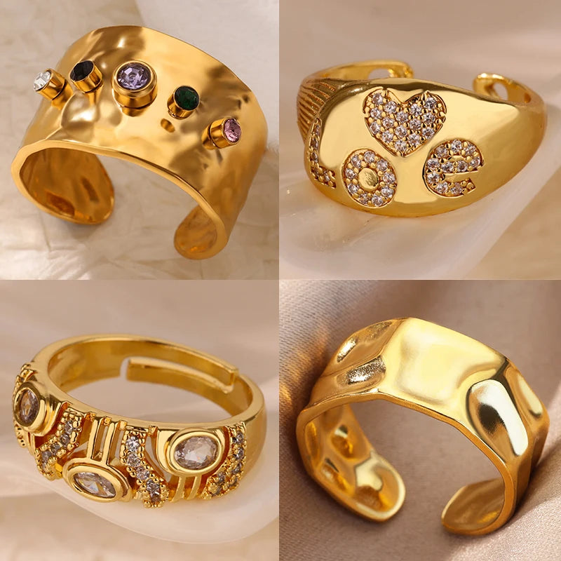 Geometric Zircon Chunky Adjustable Gold Plated Rings for Women