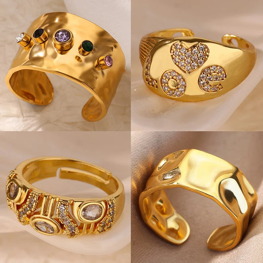 Geometric Zircon Chunky Adjustable Gold Plated Rings for Women