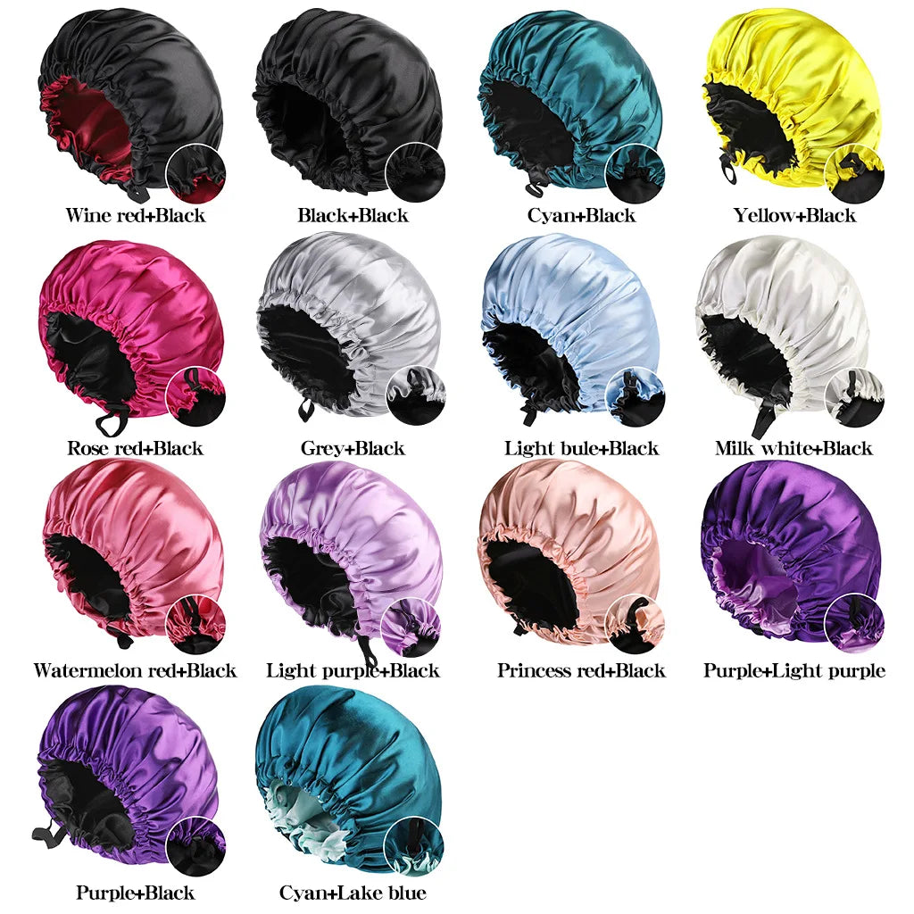 Silky Satin Bonnet Cap for Sleeping Large Double Layer Reversible Adjustable