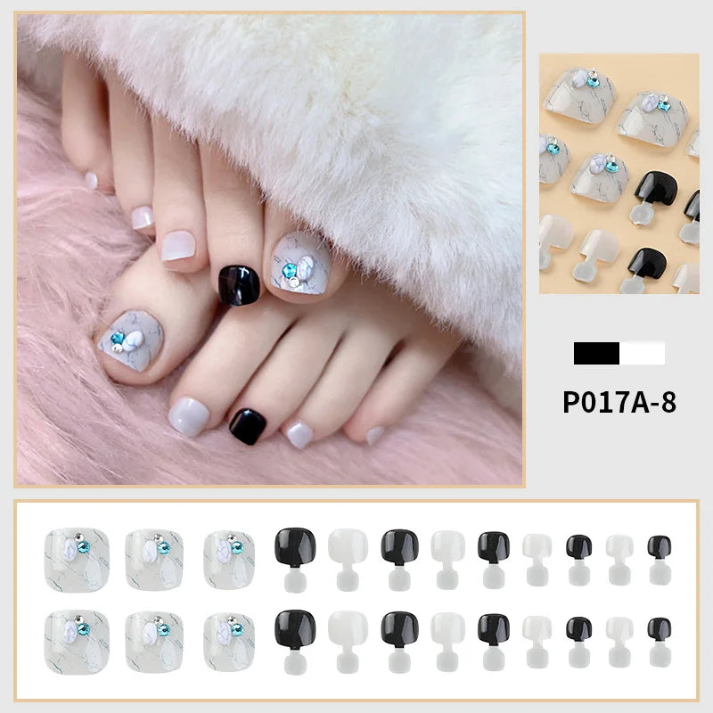 24 PCS Designed Fake Press On Short Toenails with Decorations Accessories