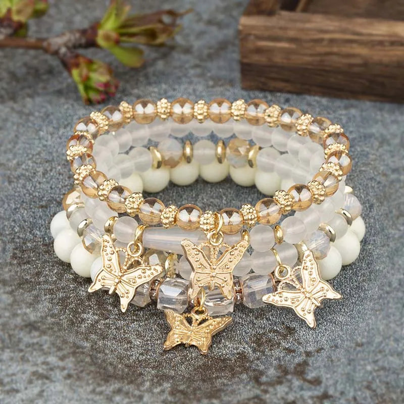4Pcs Trendy Butterfly Elastic Beaded Bracelet Set For Women