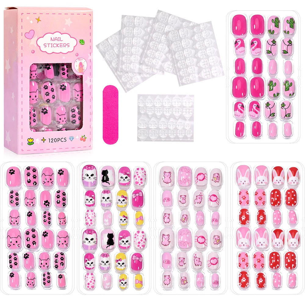 120 Children's Press on Kids Cartoon Acrylic Fake Nails