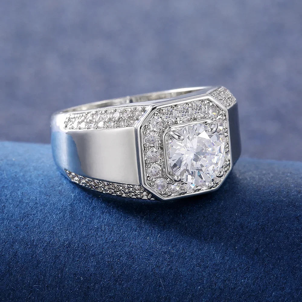 925 Sterling Silver Men AAA Crystal Zircon Stone Wedding Ring