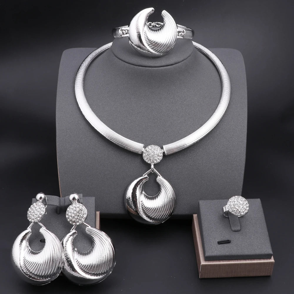 Dubai Silver Plated Jewelry Set For Women Necklace Earrings Bracelet And Ring Set