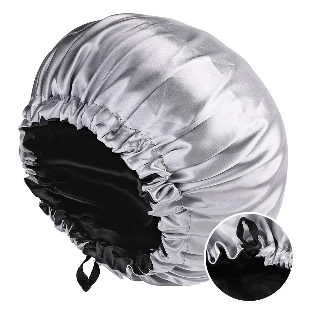 Silky Satin Bonnet Cap for Sleeping Large Double Layer Reversible Adjustable
