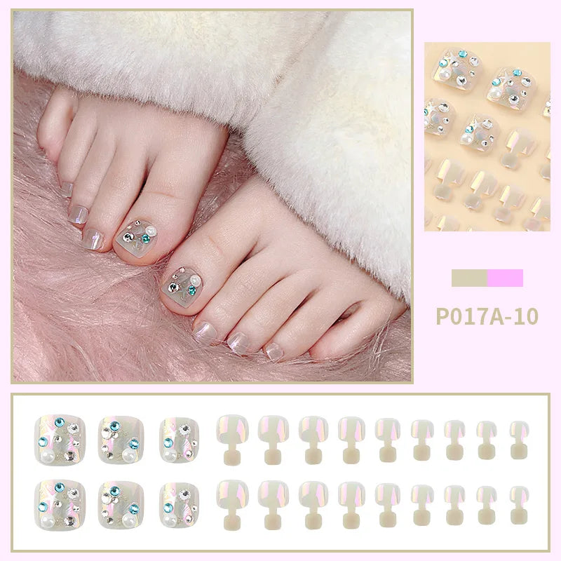 24 PCS Designed Fake Press On Short Toenails with Decorations Accessories