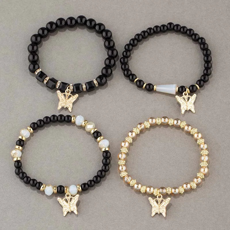 4Pcs Trendy Butterfly Elastic Beaded Bracelet Set For Women