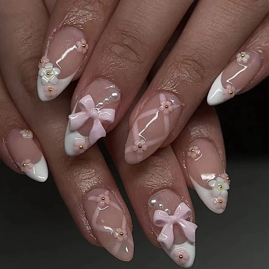 24Pcs Almond Long French False Nails