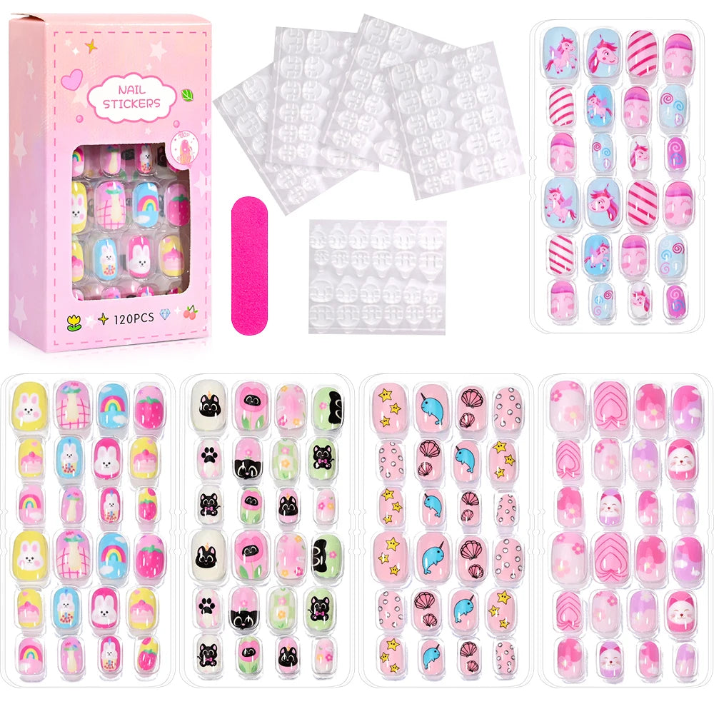 120 Children's Press on Kids Cartoon Acrylic Fake Nails