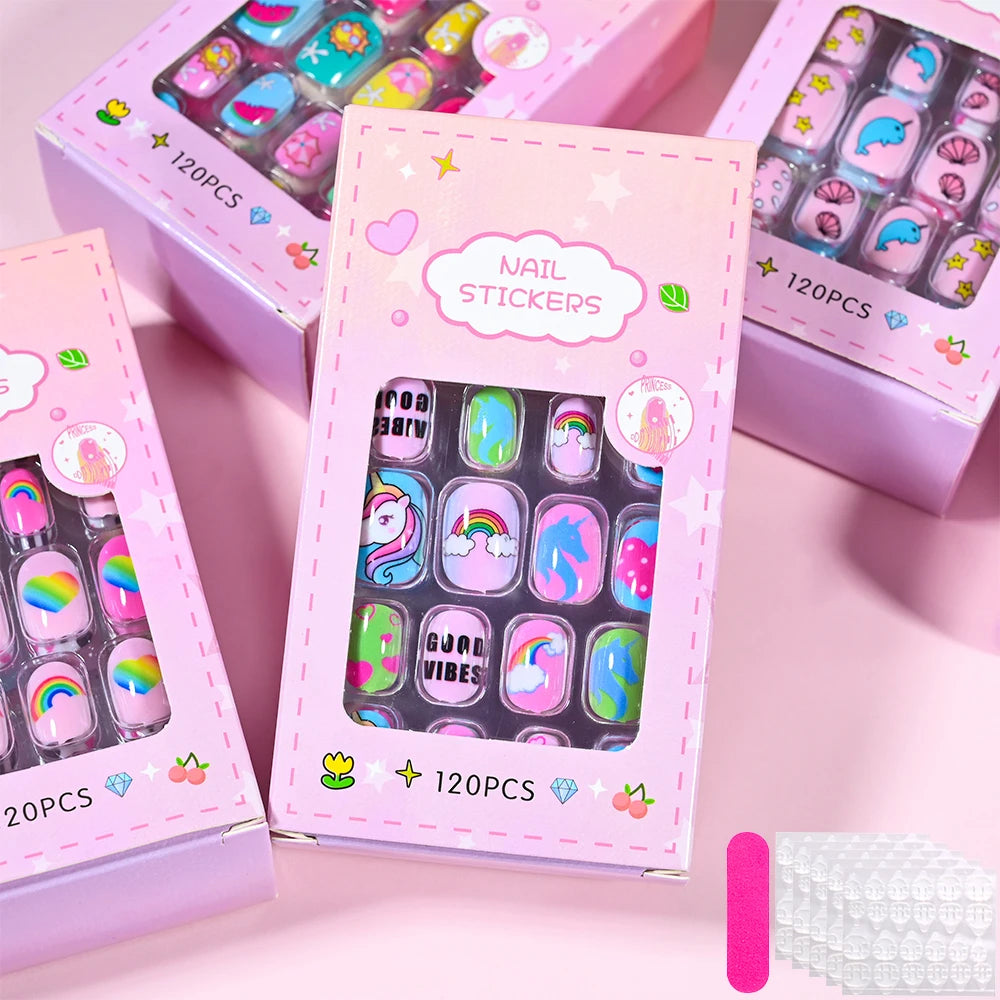 120 Children's Press on Kids Cartoon Acrylic Fake Nails