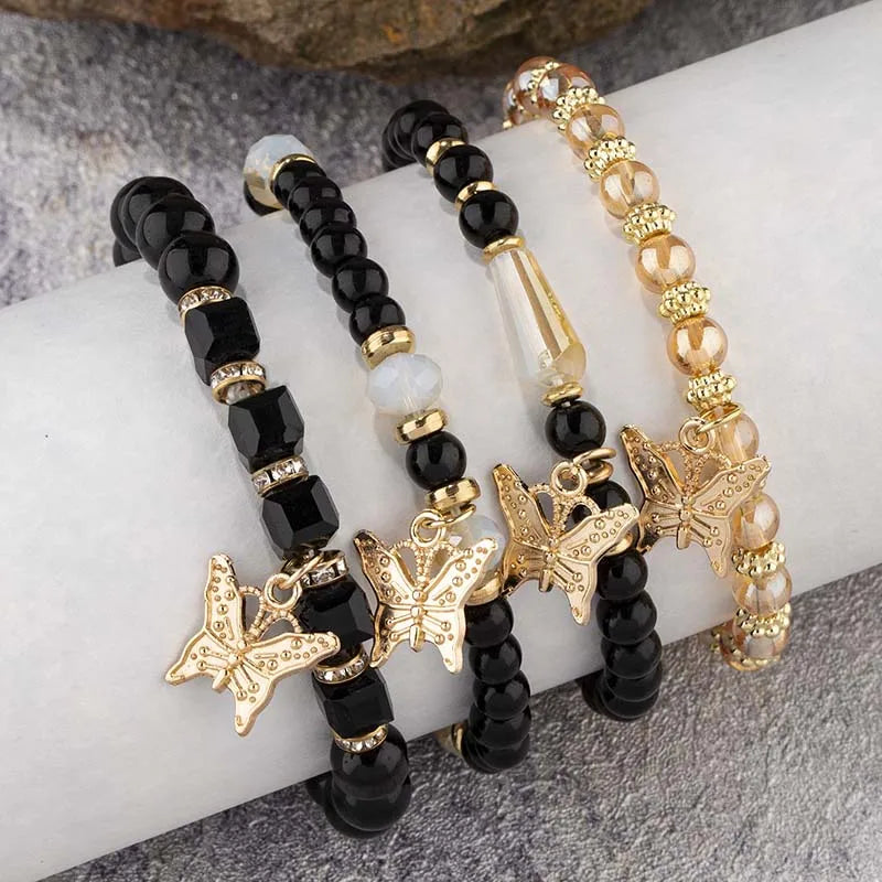 4Pcs Trendy Butterfly Elastic Beaded Bracelet Set For Women