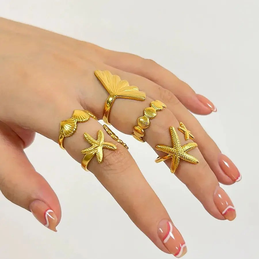 Gold Plated Starfish & Shell Pearl Rings for Women