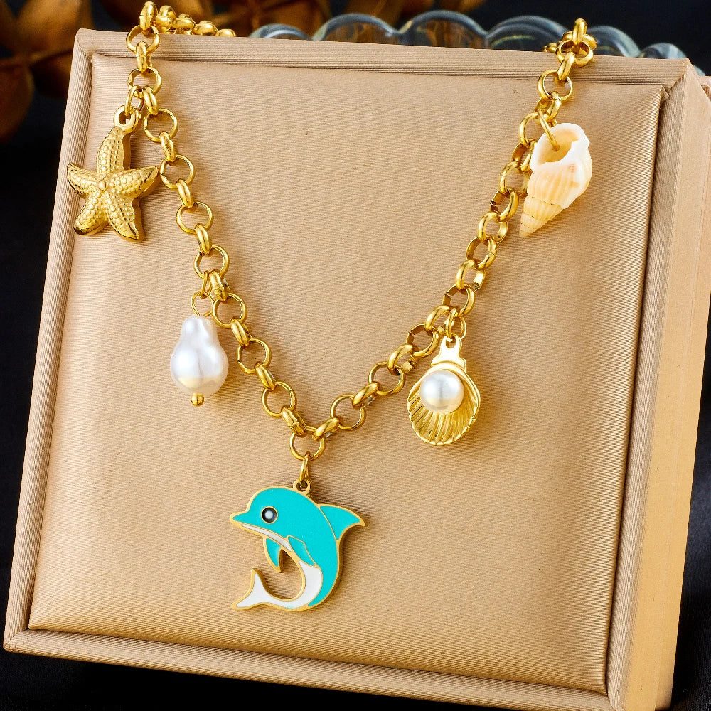 Stainless Steel Gold Multiple Pendant Necklace for  Women