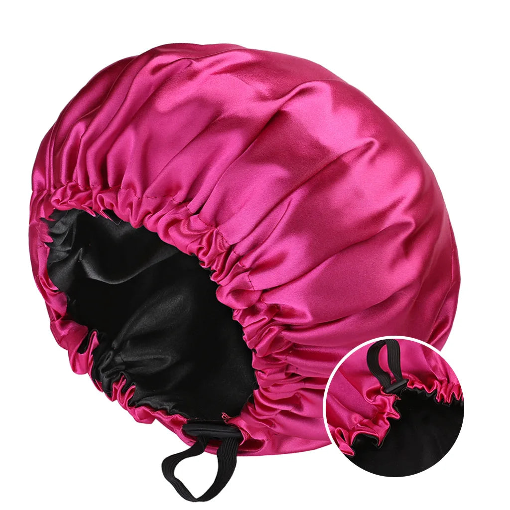 Silky Satin Bonnet Cap for Sleeping Large Double Layer Reversible Adjustable