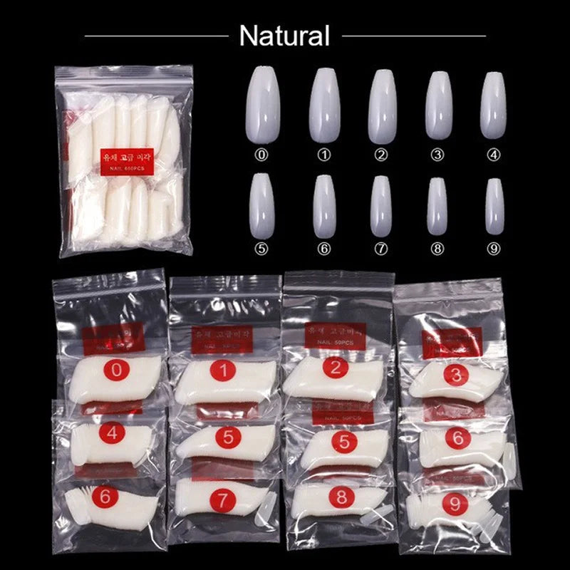 600/500pcs False Press On Nails Coffin Tips 10 Sizes