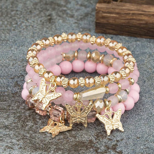 4Pcs Trendy Butterfly Elastic Beaded Bracelet Set For Women