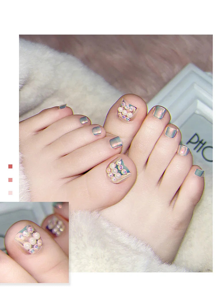 24 PCS Designed Fake Press On Short Toenails with Decorations Accessories