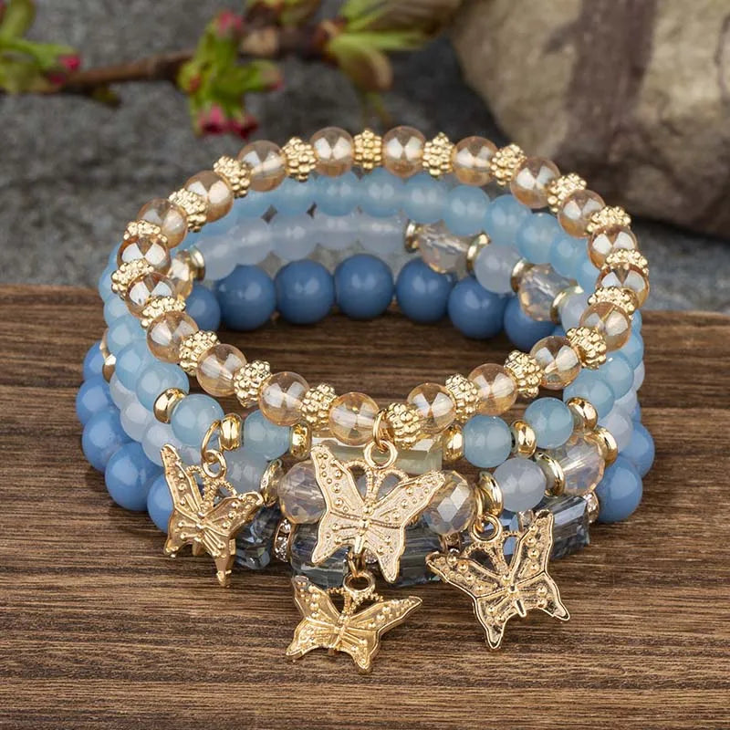 4Pcs Trendy Butterfly Elastic Beaded Bracelet Set For Women
