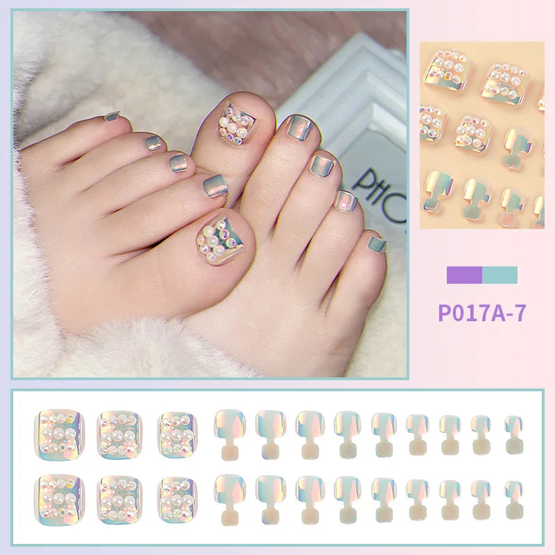 24 PCS Designed Fake Press On Short Toenails with Decorations Accessories
