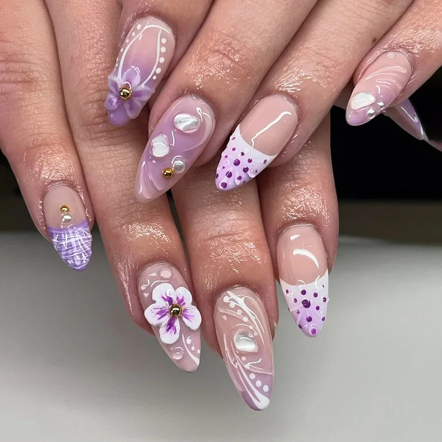 24Pcs Pink French Press on Fake Nails with Glue