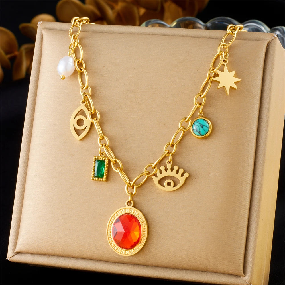 Stainless Steel Gold Multiple Pendant Necklace for  Women