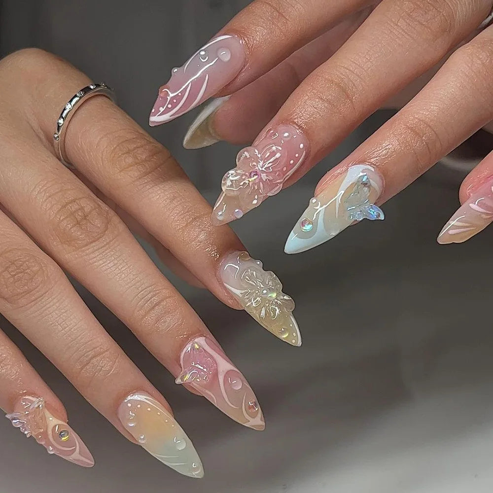 24Pcs Almond Long French False Nails
