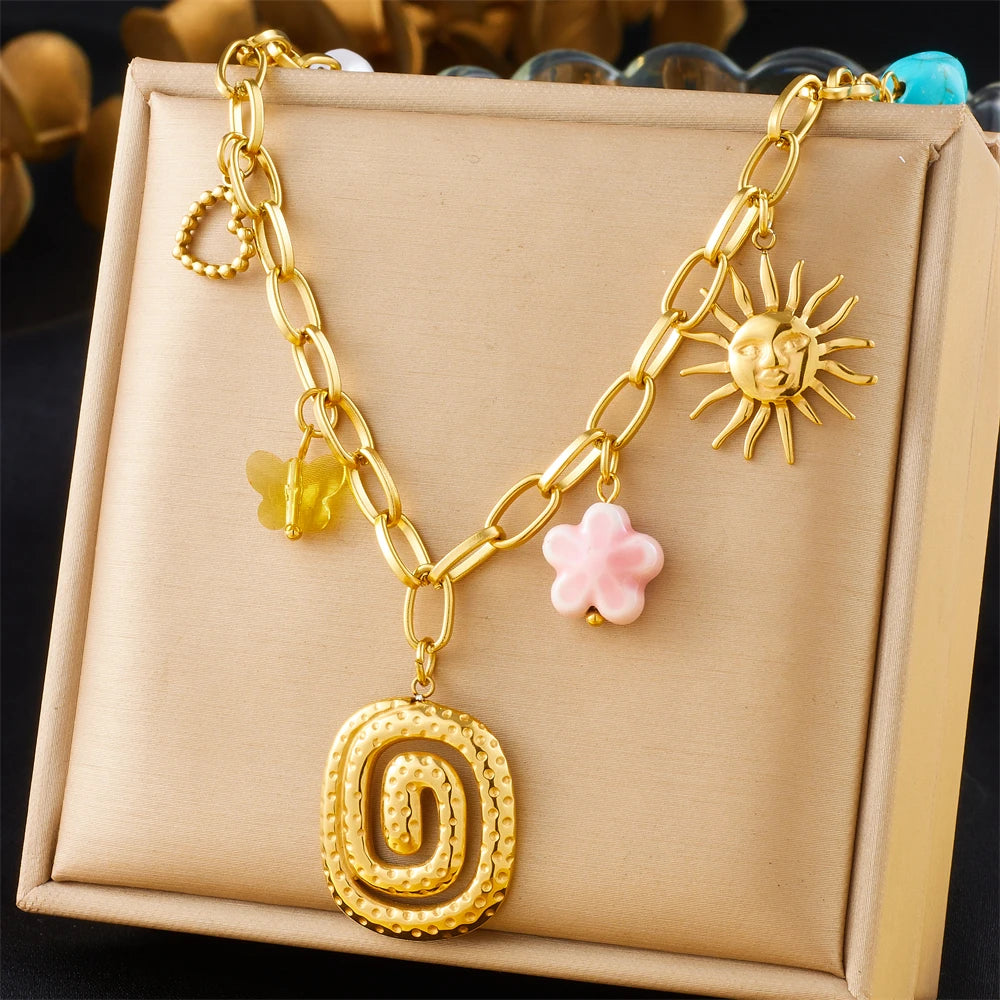 Stainless Steel Gold Multiple Pendant Necklace for  Women