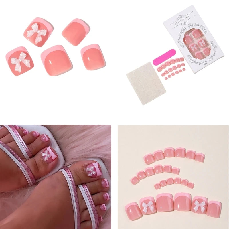 24 pcs Bow False French Tip Press on Toenails