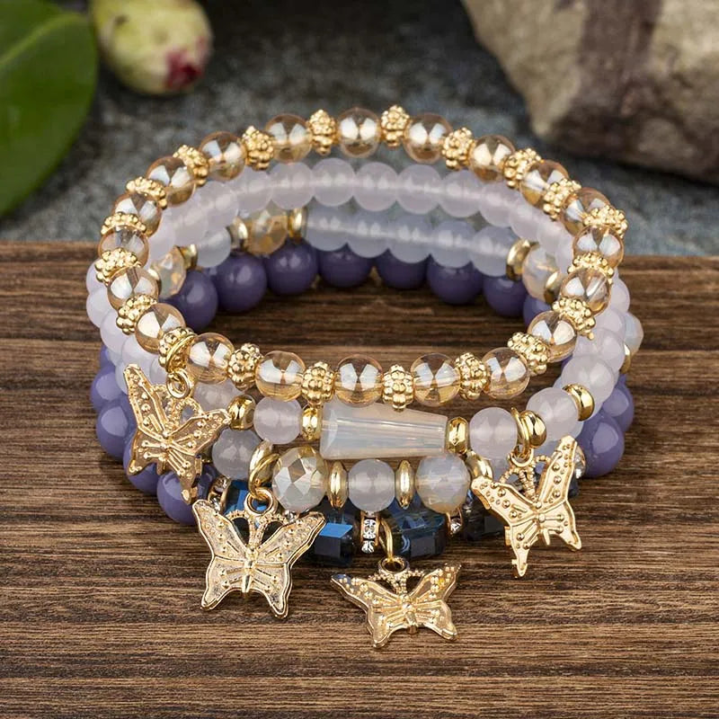 4Pcs Trendy Butterfly Elastic Beaded Bracelet Set For Women