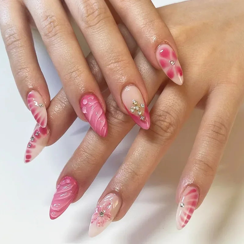 24Pcs Pink French Press on Fake Nails with Glue