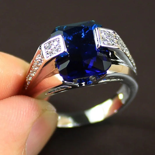 925 Sterling Silver Cubic Zirconia Blue Stone Ring for Men/Women