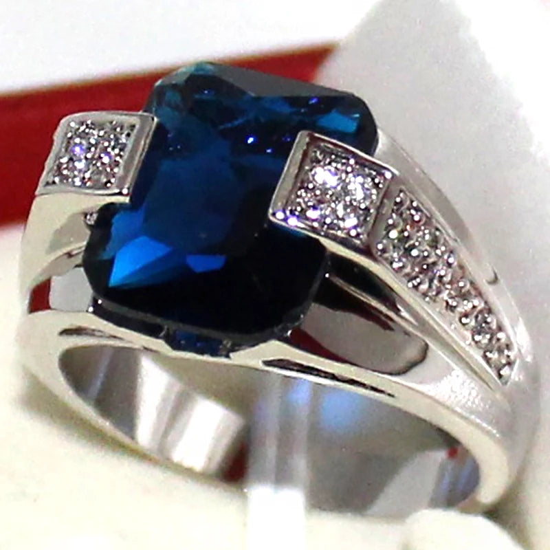 925 Sterling Silver Cubic Zirconia Blue Stone Ring for Men/Women