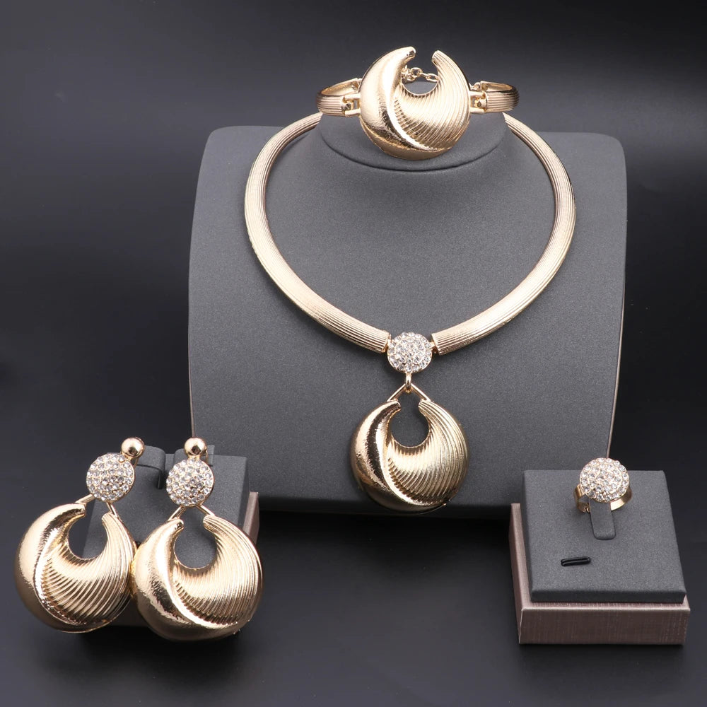 Dubai Silver Plated Jewelry Set For Women Necklace Earrings Bracelet And Ring Set