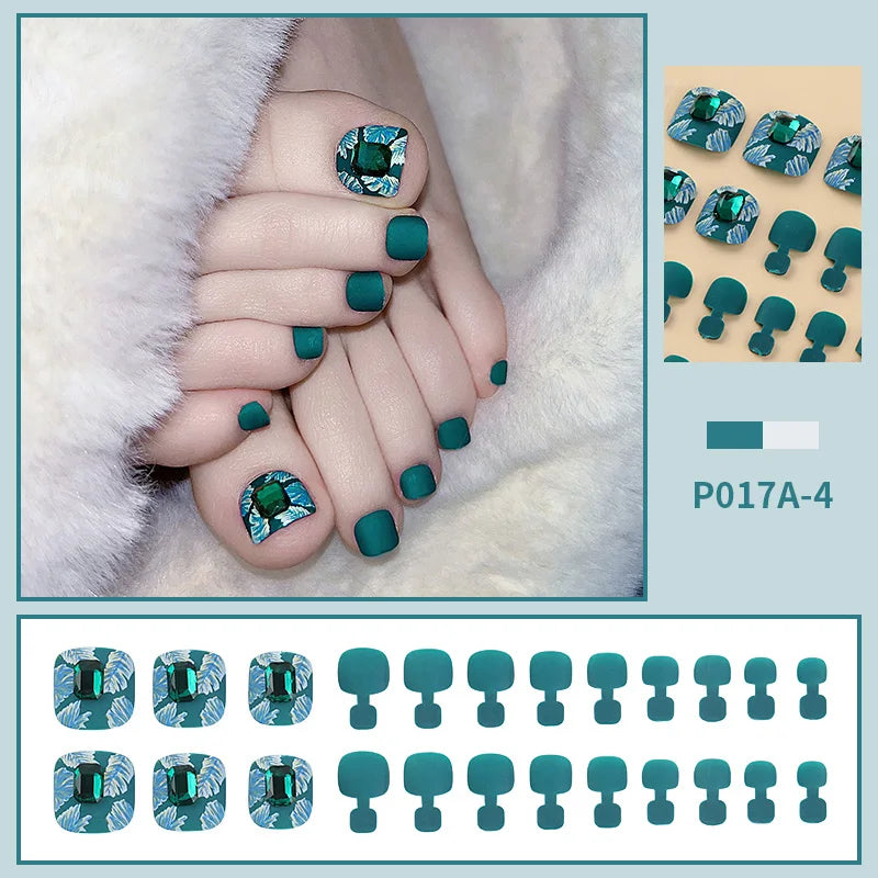 24 PCS Designed Fake Press On Short Toenails with Decorations Accessories