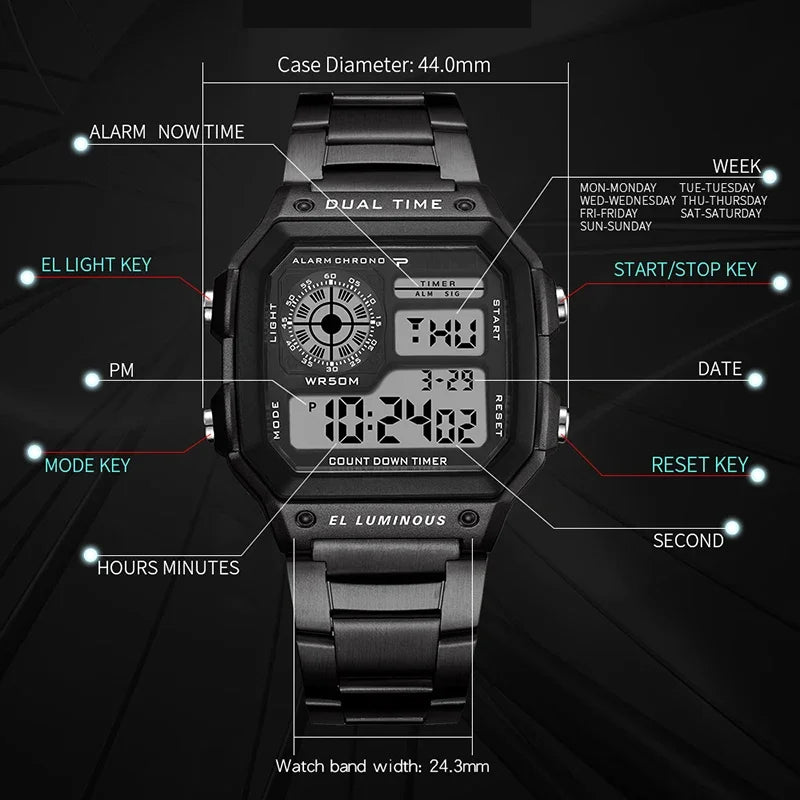 Stainless Steel Waterproof, Electronic Watch for Men