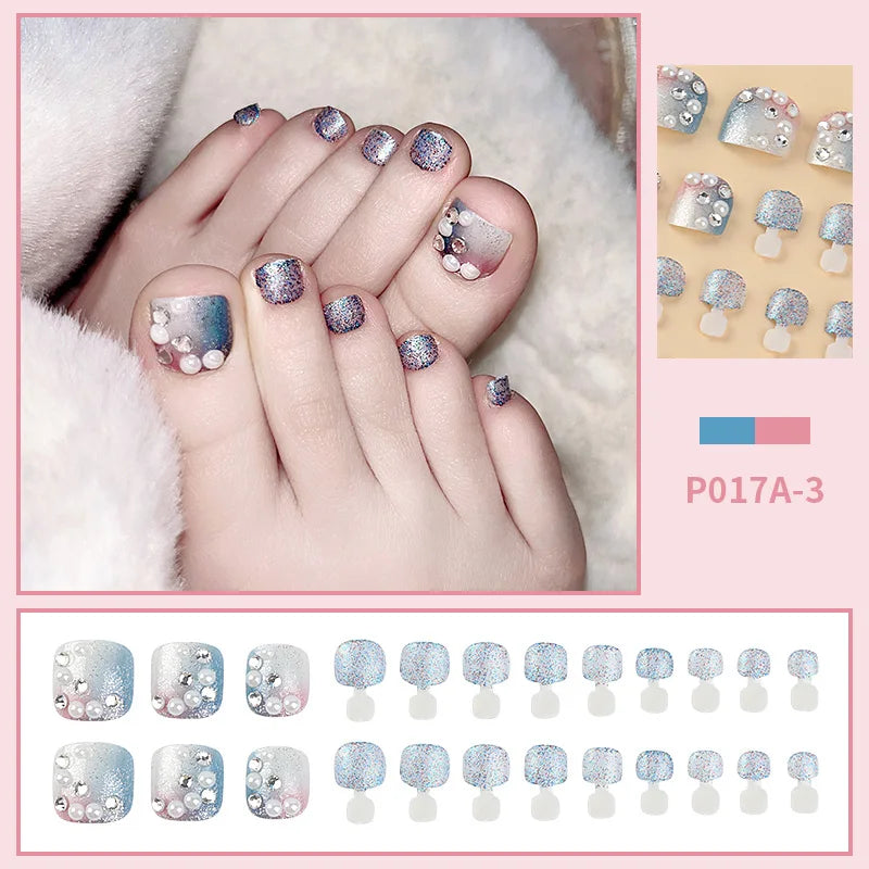 24 PCS Designed Fake Press On Short Toenails with Decorations Accessories
