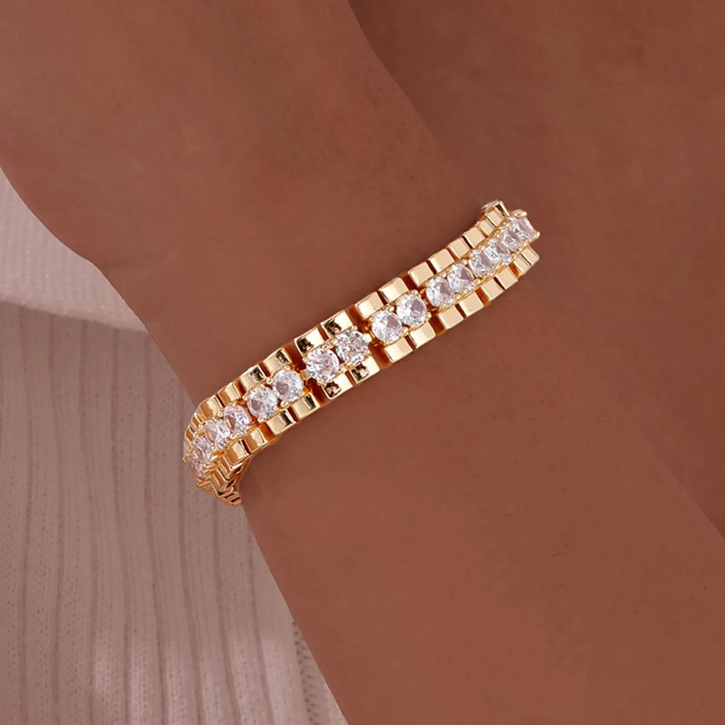 14K Gold Plated Cubic Zirconia Adjustable Bracelet Jewelry For Women